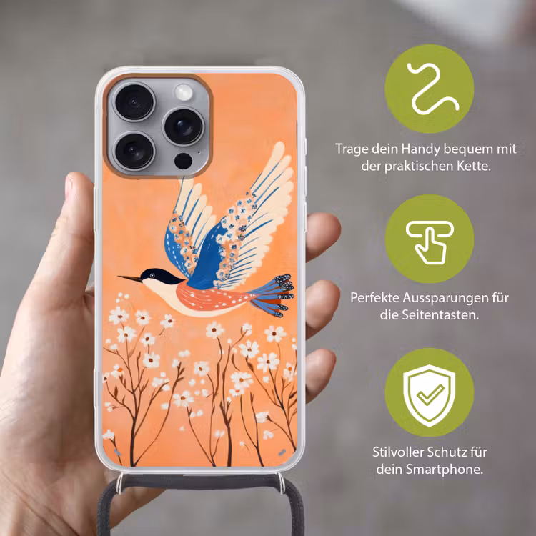 Vogel - Bloesemtakken - Warm - Kleurrijk Hoesje iPhone 16 Pro Max met koord klein -sfeer2_DE