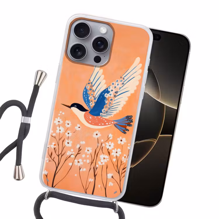 Vogel - Bloesemtakken - Warm - Kleurrijk Hoesje iPhone 16 Pro Max met koord klein -sfeer1