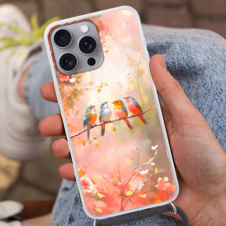 Vogels - Kleurrijk - Tak Hoesje iPhone 16 Pro Max met koord klein -sfeer3
