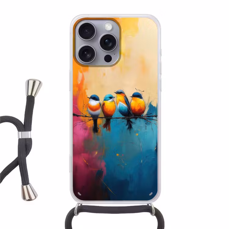Vogels - Kleurrijk - Tak - Abstract Hoesje iPhone 16 Pro Max met koord klein -3d