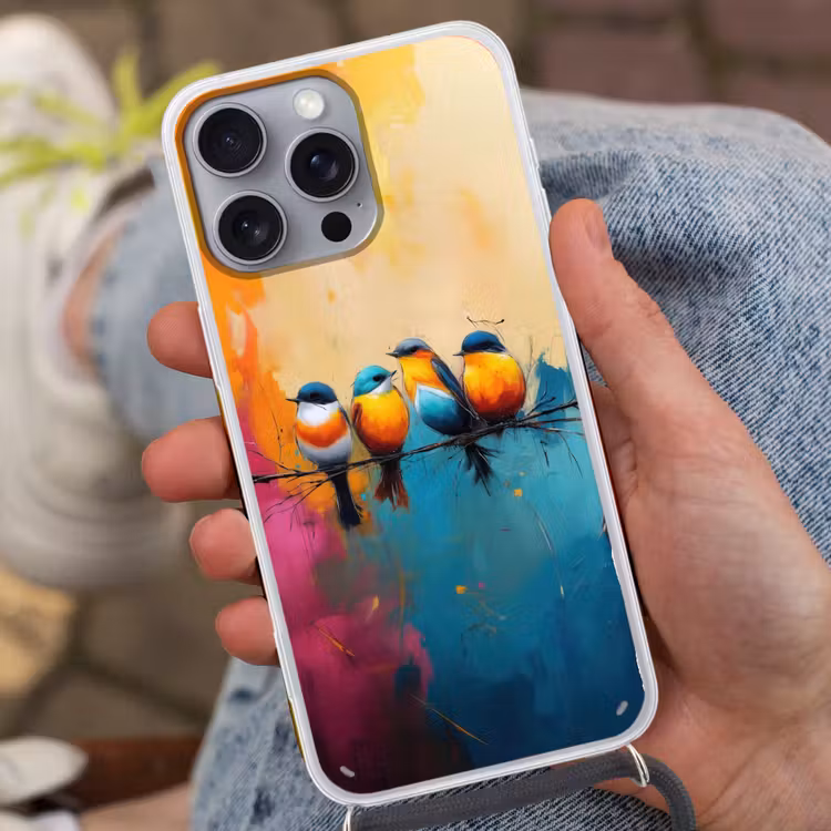 Vogels - Kleurrijk - Tak - Abstract Hoesje iPhone 16 Pro Max met koord klein -sfeer3
