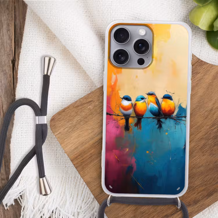 Vogels - Kleurrijk - Tak - Abstract Hoesje iPhone 16 Pro Max met koord klein -sfeer4