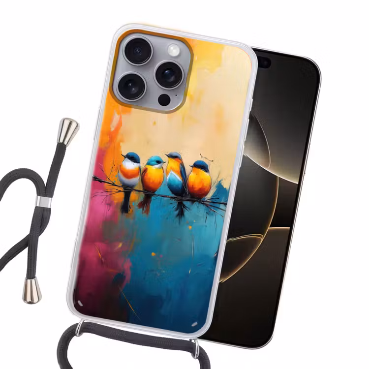 Vogels - Kleurrijk - Tak - Abstract Hoesje iPhone 16 Pro Max met koord klein -sfeer1