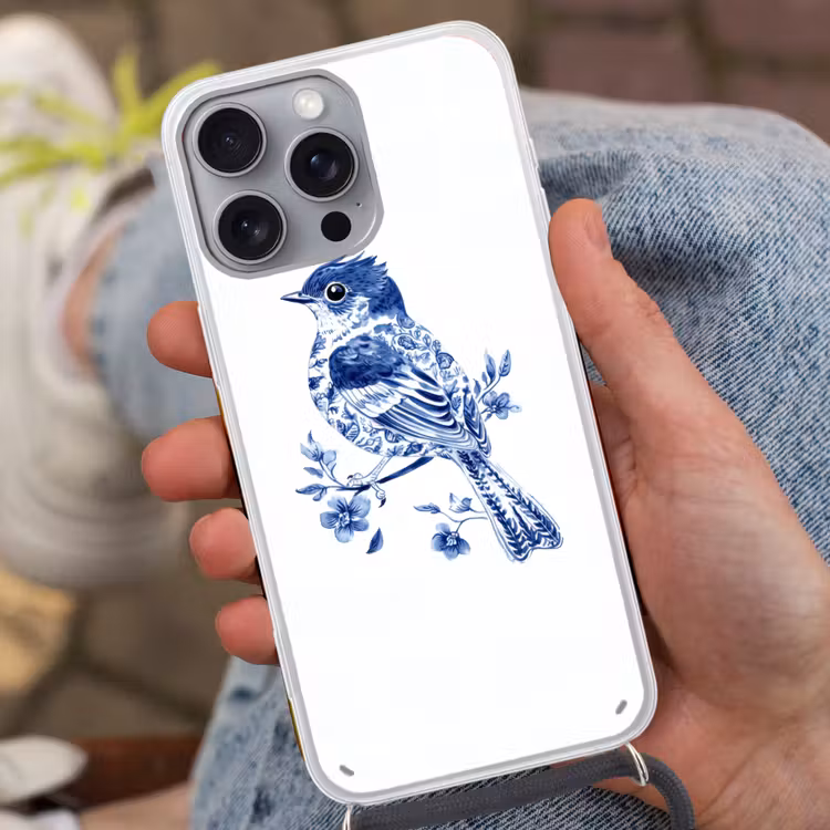 Vogel - Delfts blauw - Illustratie - Bloemen Hoesje iPhone 16 Pro Max met koord klein -sfeer3