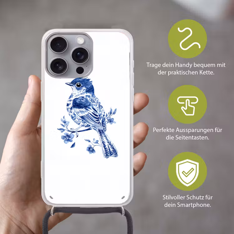 Vogel - Delfts blauw - Illustratie - Bloemen Hoesje iPhone 16 Pro Max met koord klein -sfeer2_DE