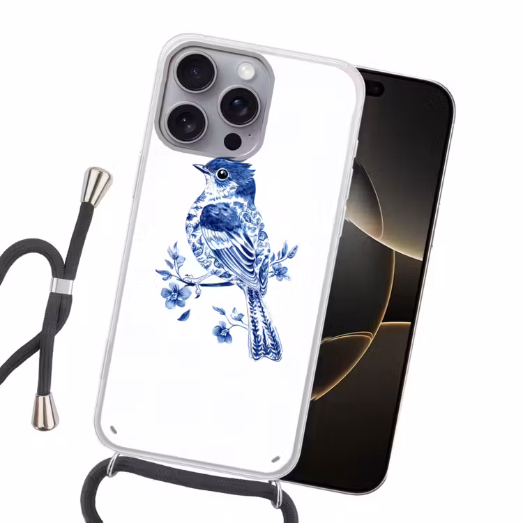 Vogel - Delfts blauw - Illustratie - Bloemen Hoesje iPhone 16 Pro Max met koord klein -sfeer1
