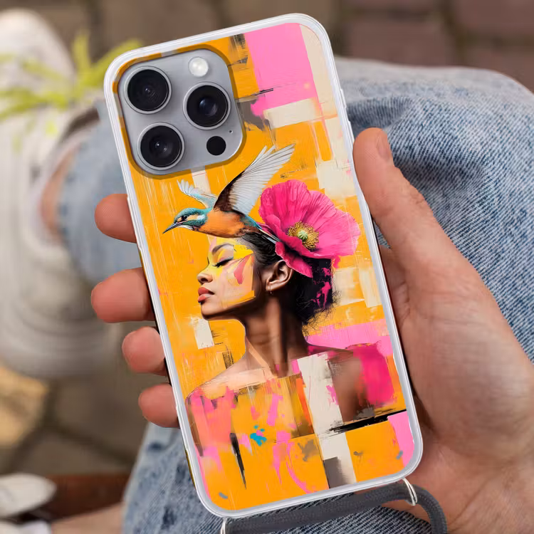 Vogel - Vrouw - Abstract - Bloem Hoesje iPhone 16 Pro Max met koord klein -sfeer3