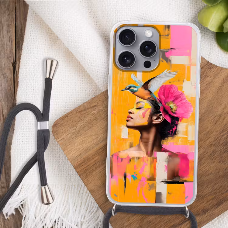 Vogel - Vrouw - Abstract - Bloem Hoesje iPhone 16 Pro Max met koord klein -sfeer4