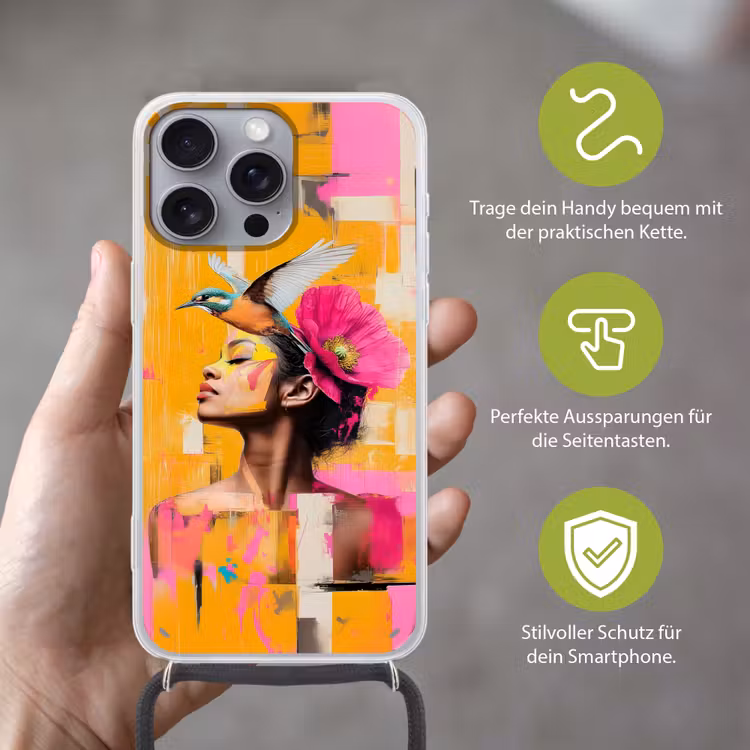Vogel - Vrouw - Abstract - Bloem Hoesje iPhone 16 Pro Max met koord klein -sfeer2_DE