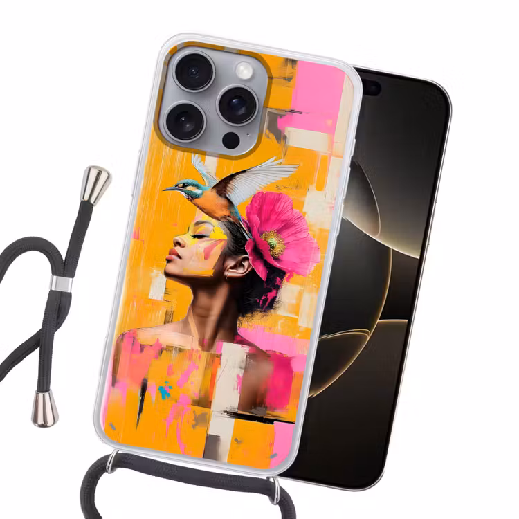 Vogel - Vrouw - Abstract - Bloem Hoesje iPhone 16 Pro Max met koord klein -sfeer1