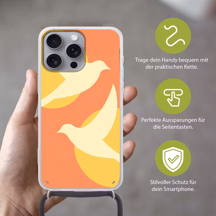 Vogels - Cirkels - Geel Hoesje iPhone 16 Pro Max met koord klein -sfeer2_DE