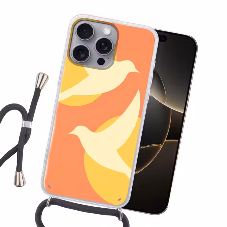 Vogels - Cirkels - Geel Hoesje iPhone 16 Pro Max met koord klein -sfeer1