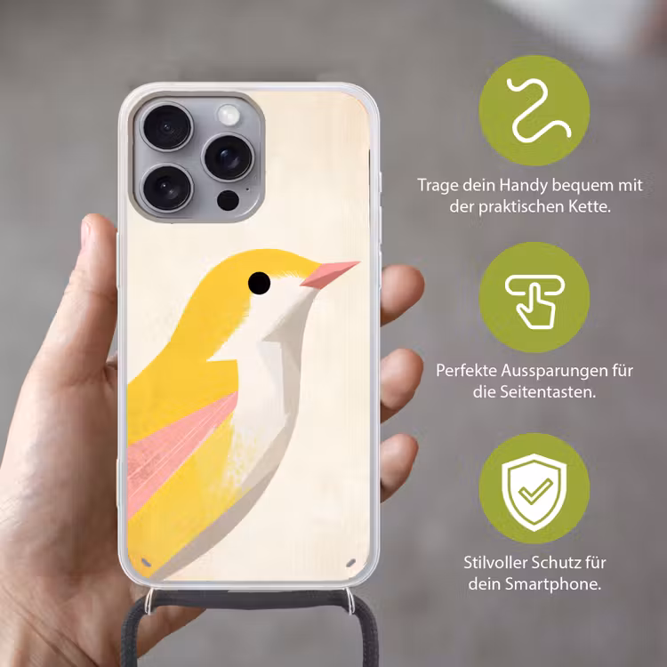 Vogel - Minimalistisch - Geel Hoesje iPhone 16 Pro Max met koord klein -sfeer2_DE