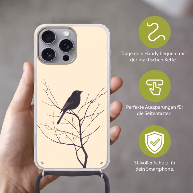 Vogel - Zwart - Tak - Minimalistisch Hoesje iPhone 16 Pro Max met koord klein -sfeer2_DE