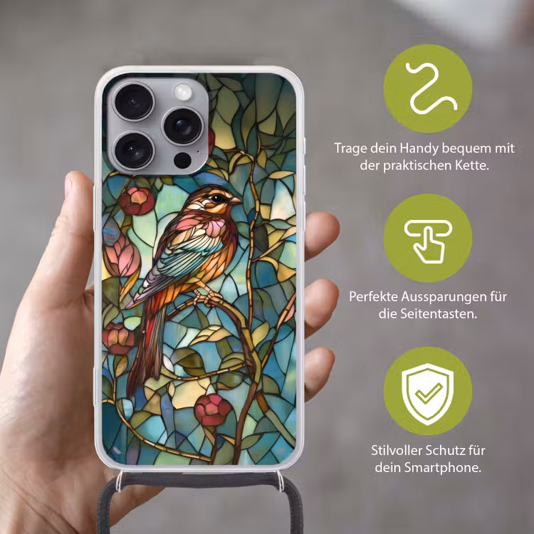 Vogel - Tak - Rozen - Mozaïek Hoesje iPhone 16 Pro Max met koord klein -sfeer2_DE