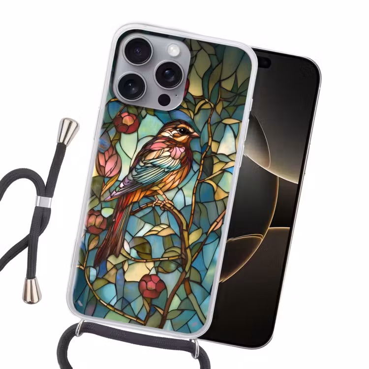 Vogel - Tak - Rozen - Mozaïek Hoesje iPhone 16 Pro Max met koord klein -sfeer1