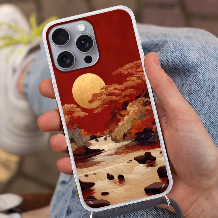 Volle maan - Landschap - Waterval Hoesje iPhone 16 Pro Max met koord klein -sfeer3