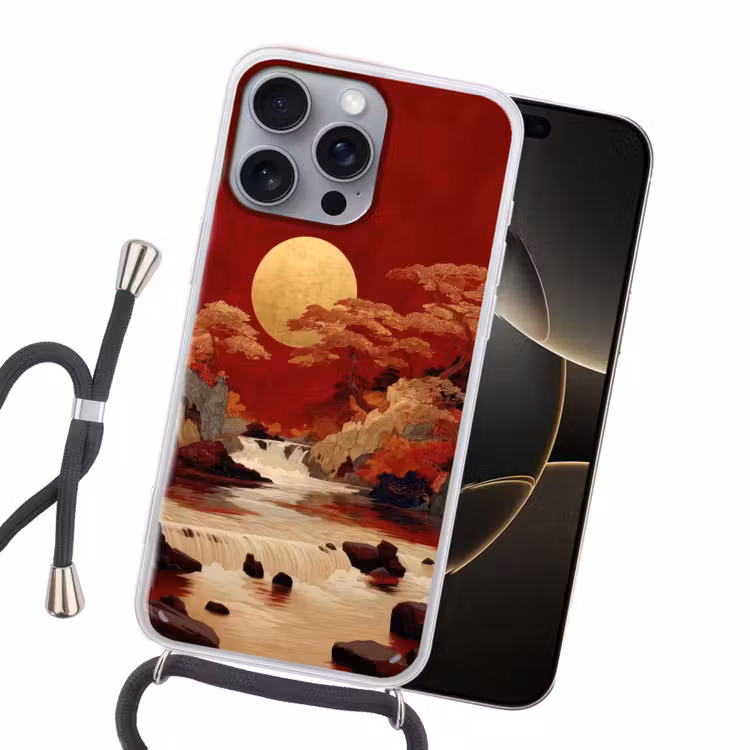 Volle maan - Landschap - Waterval Hoesje iPhone 16 Pro Max met koord klein -sfeer1