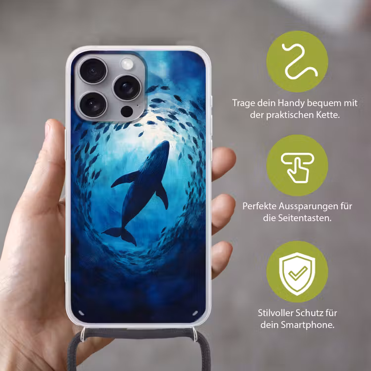 Walvis - Vissen - Donkerblauw Hoesje iPhone 16 Pro Max met koord klein -sfeer2_DE