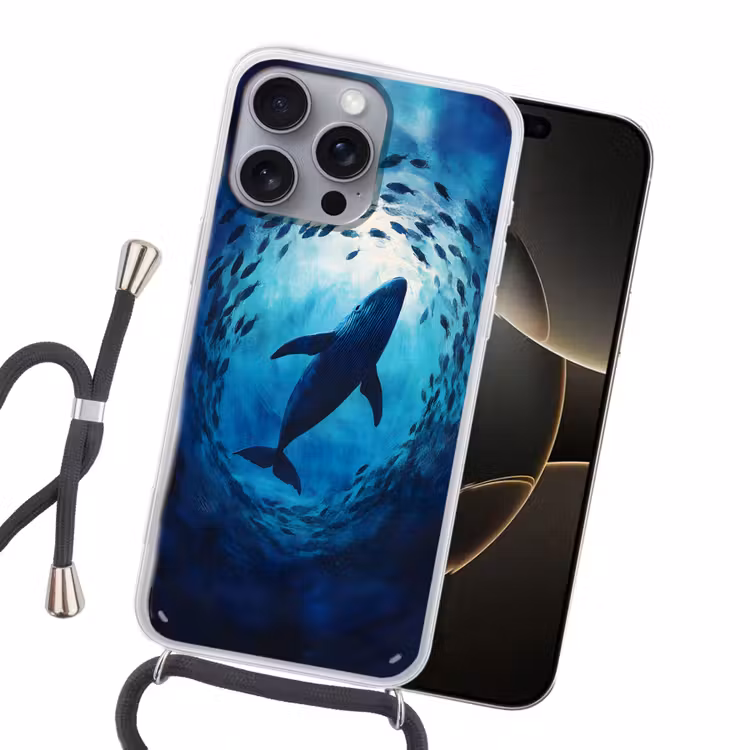 Walvis - Vissen - Donkerblauw Hoesje iPhone 16 Pro Max met koord klein -sfeer1