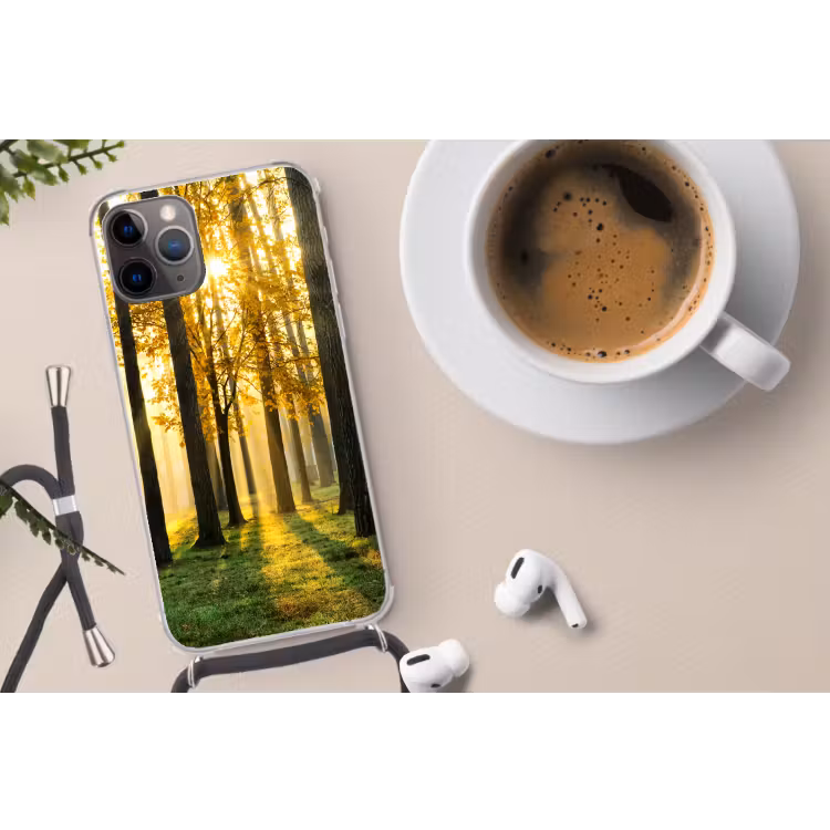 Bos - Zon - Bomen - gras - Landschap Hoesje iPhone 12 Pro met koord klein -oordop