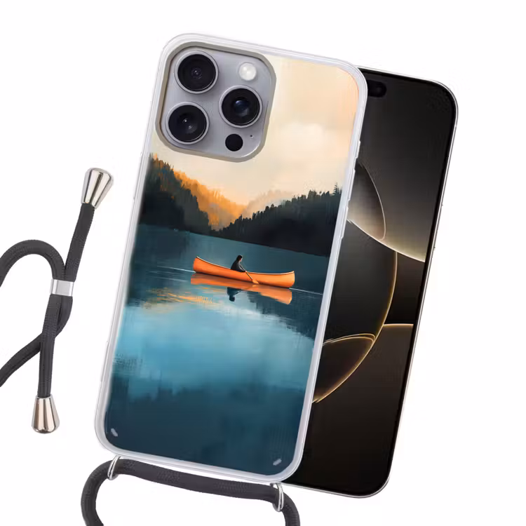 Bossen - Meer - Kano - Oranje Hoesje iPhone 16 Pro Max met koord klein -sfeer1