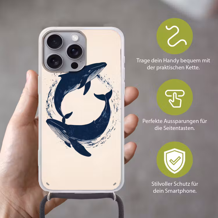 Walvissen - Spetters - Cirkel - Donkerblauw Hoesje iPhone 16 Pro Max met koord klein -sfeer2_DE