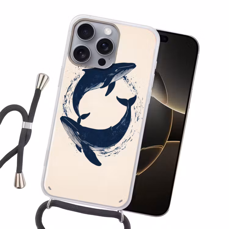 Walvissen - Spetters - Cirkel - Donkerblauw Hoesje iPhone 16 Pro Max met koord klein -sfeer1