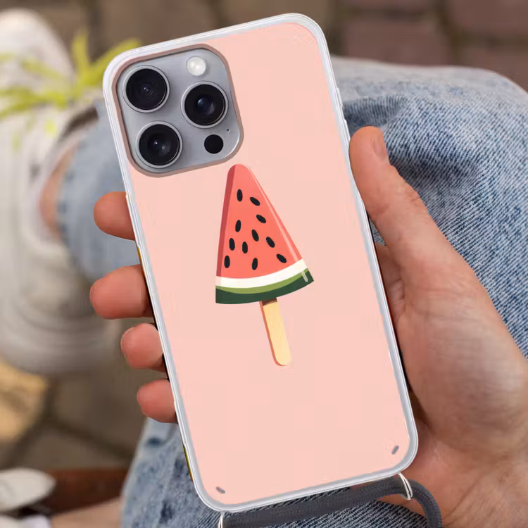 Watermeloen - Ijsje - Pitjes - Rood Hoesje iPhone 16 Pro Max met koord klein -sfeer3