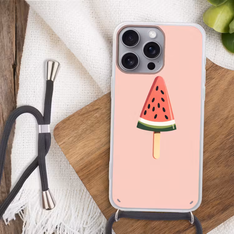 Watermeloen - Ijsje - Pitjes - Rood Hoesje iPhone 16 Pro Max met koord klein -sfeer4
