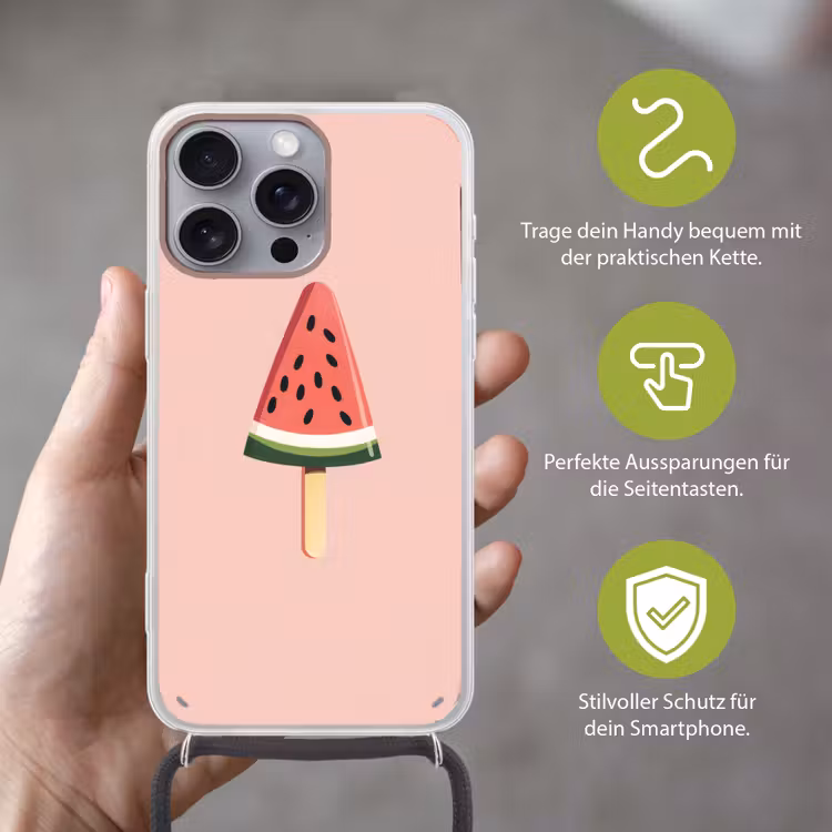 Watermeloen - Ijsje - Pitjes - Rood Hoesje iPhone 16 Pro Max met koord klein -sfeer2_DE