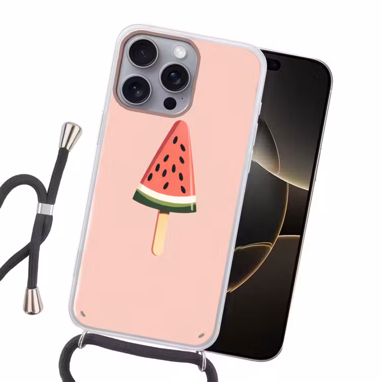 Watermeloen - Ijsje - Pitjes - Rood Hoesje iPhone 16 Pro Max met koord klein -sfeer1