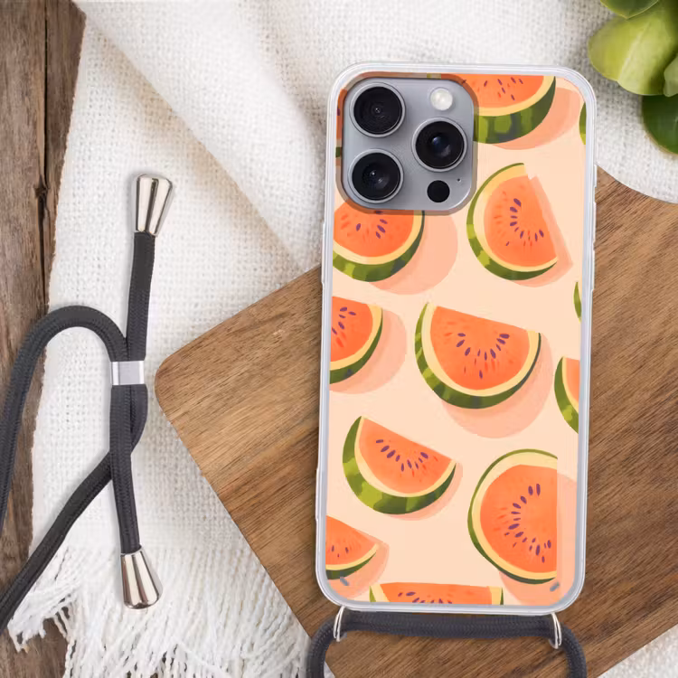 Watermeloen - Schijfjes - Pitten - Rood Hoesje iPhone 16 Pro Max met koord klein -sfeer4