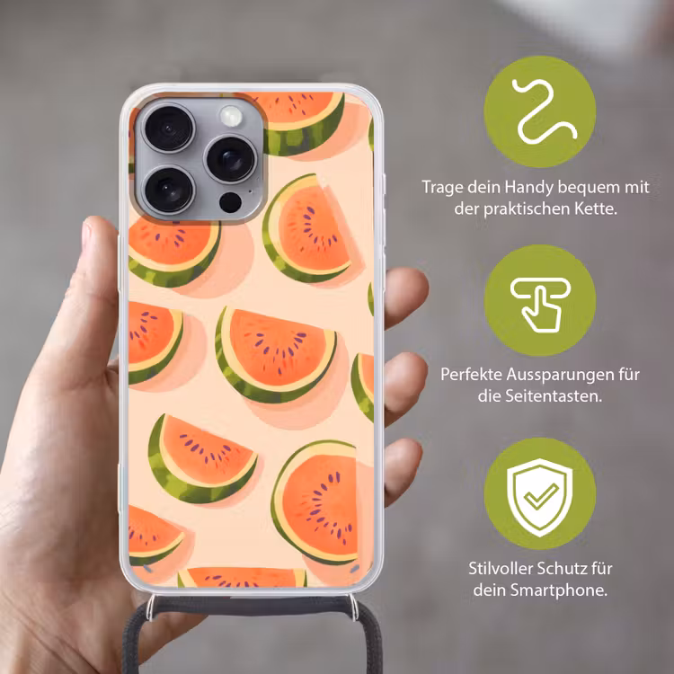 Watermeloen - Schijfjes - Pitten - Rood Hoesje iPhone 16 Pro Max met koord klein -sfeer2_DE