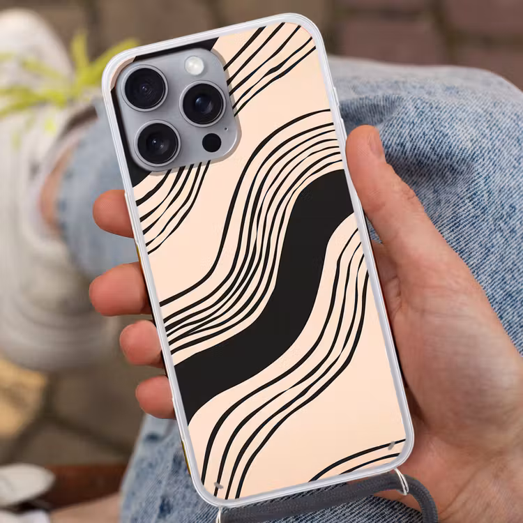 Golven - Zwart - Zandkleur Hoesje iPhone 16 Pro Max met koord klein -sfeer3