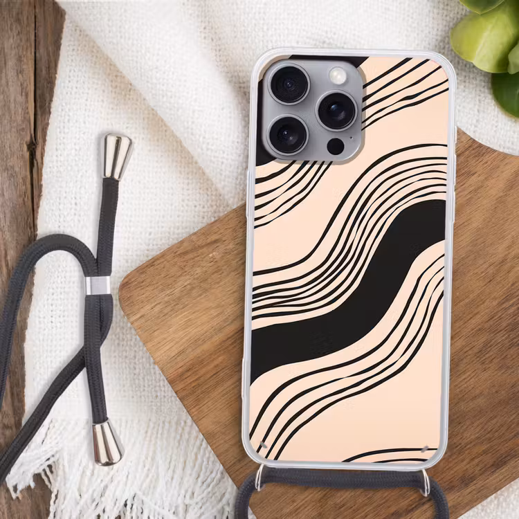 Golven - Zwart - Zandkleur Hoesje iPhone 16 Pro Max met koord klein -sfeer4