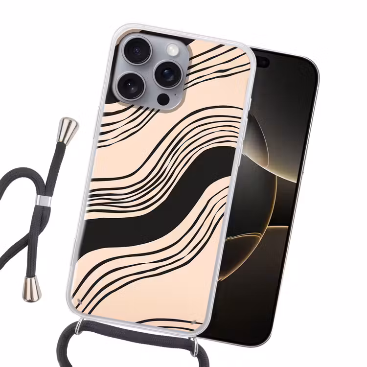 Golven - Zwart - Zandkleur Hoesje iPhone 16 Pro Max met koord klein -sfeer1