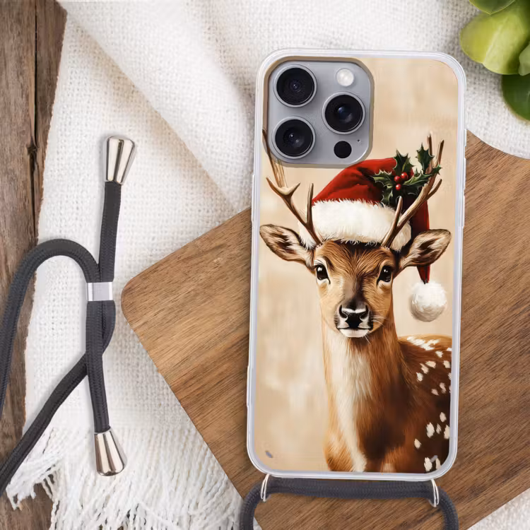 Kerst - Hert - Gewei - Rood Hoesje iPhone 16 Pro Max met koord klein -sfeer4