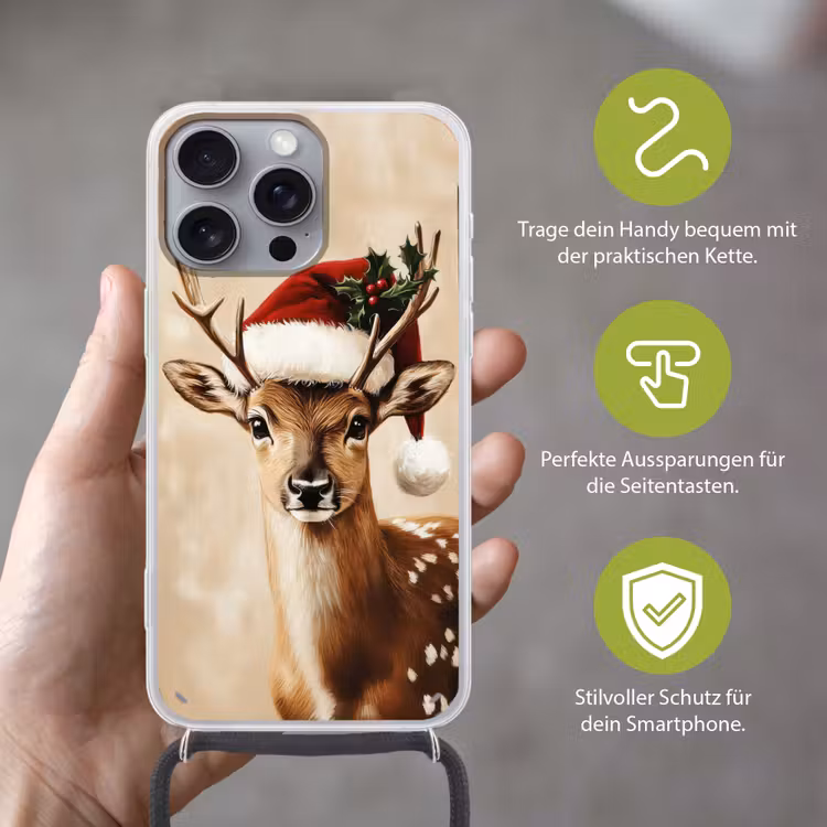 Kerst - Hert - Gewei - Rood Hoesje iPhone 16 Pro Max met koord klein -sfeer2_DE
