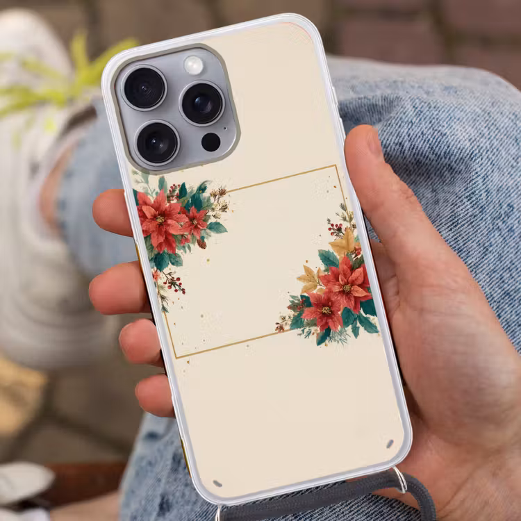 Kerst - Poinsettia - Omlijsting - Kleurrijk Hoesje iPhone 16 Pro Max met koord klein -sfeer3
