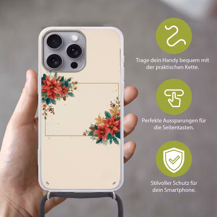 Kerst - Poinsettia - Omlijsting - Kleurrijk Hoesje iPhone 16 Pro Max met koord klein -sfeer2_DE