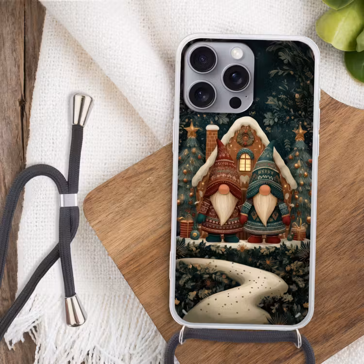 Kerst - Gnomen - Peperkoekhuisje - Rood - Groen Hoesje iPhone 16 Pro Max met koord klein -sfeer4