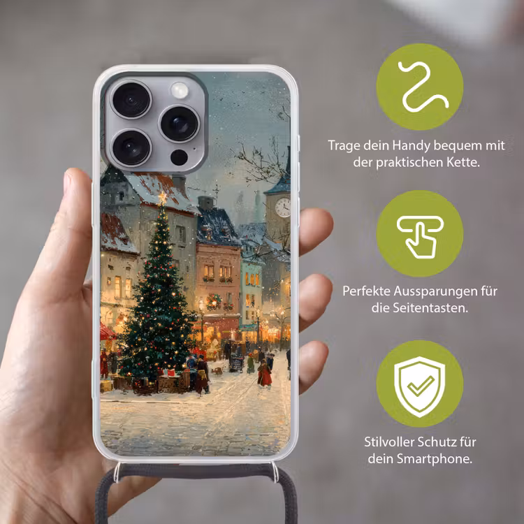 Kerstsfeer - Stadsplein - Kleurrijk Hoesje iPhone 16 Pro Max met koord klein -sfeer2_DE