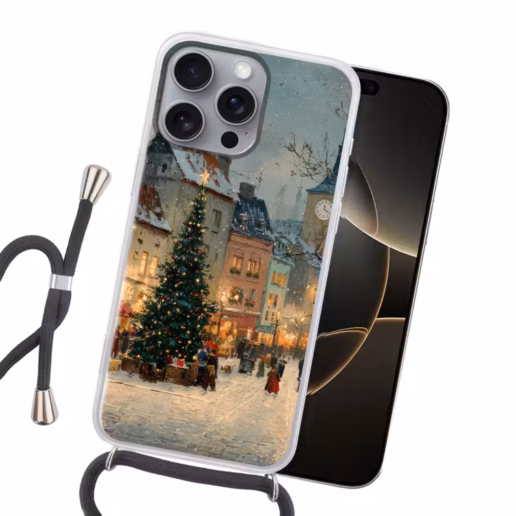 Kerstsfeer - Stadsplein - Kleurrijk Hoesje iPhone 16 Pro Max met koord klein -sfeer1