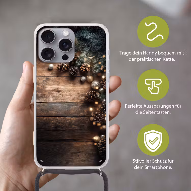 Kersthoekdecoratie - Dennenappels - Lichtjes Hoesje iPhone 16 Pro Max met koord klein -sfeer2_DE