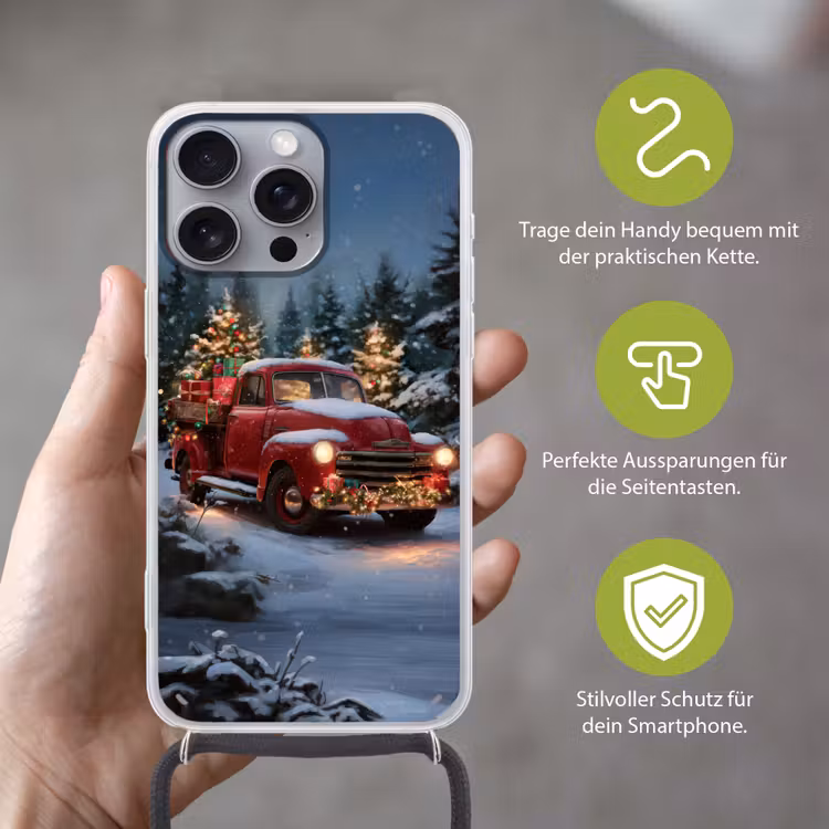 Kersttruck - Sneeuwbos - Rood Hoesje iPhone 16 Pro Max met koord klein -sfeer2_DE