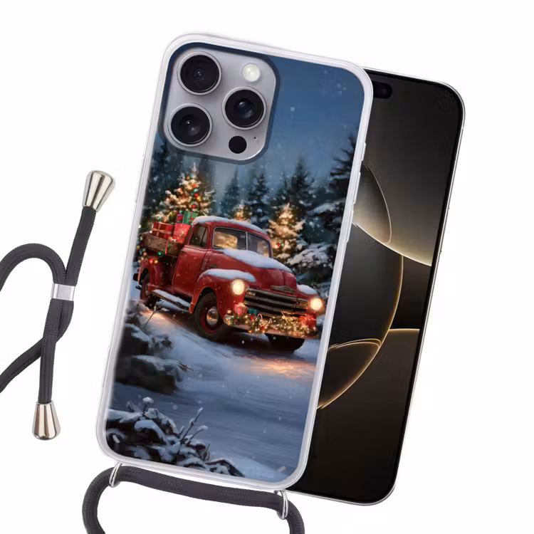 Kersttruck - Sneeuwbos - Rood Hoesje iPhone 16 Pro Max met koord klein -sfeer1