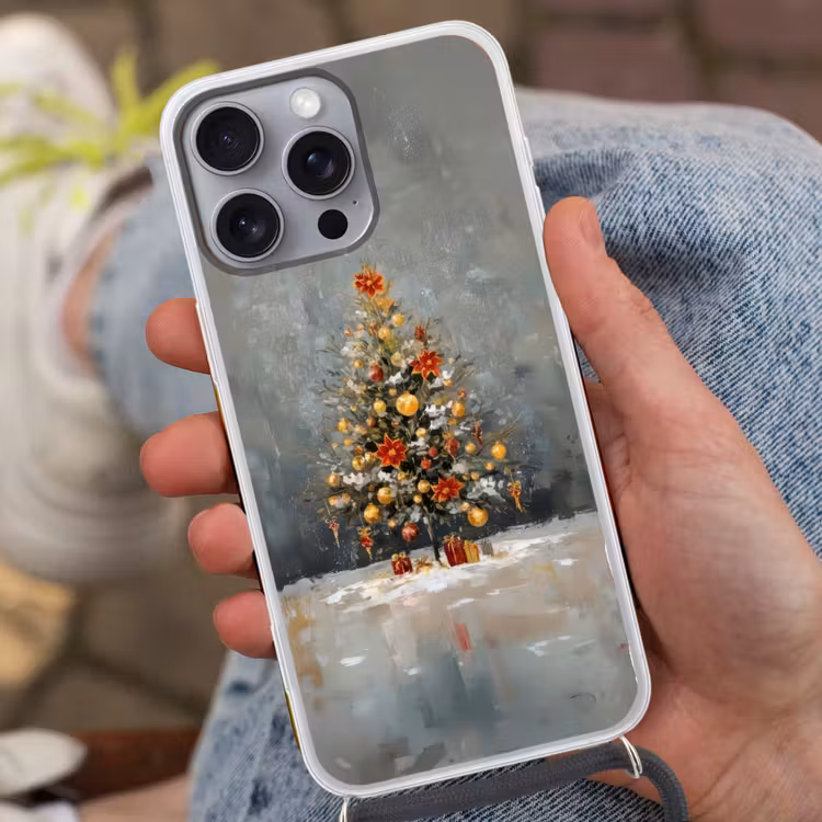 Kerstboom - Cadeaus - Rood - Goud Hoesje iPhone 16 Pro Max met koord klein -sfeer3