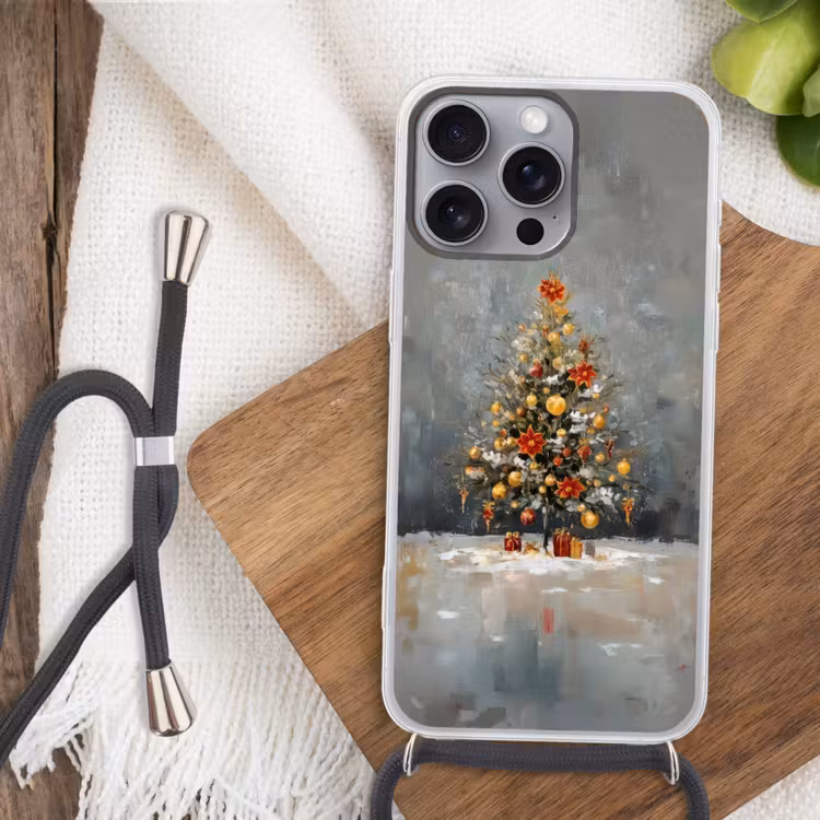 Kerstboom - Cadeaus - Rood - Goud Hoesje iPhone 16 Pro Max met koord klein -sfeer4
