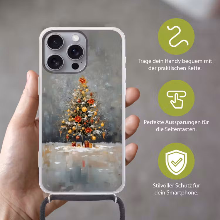 Kerstboom - Cadeaus - Rood - Goud Hoesje iPhone 16 Pro Max met koord klein -sfeer2_DE